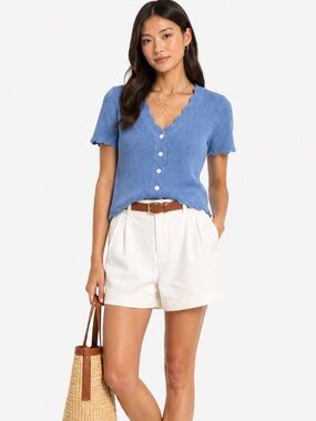 Blue Knit Cardigan Top Button Front Scalloped Trim Short Sleeve Size Large